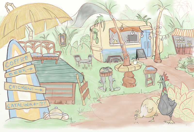 Recreating a really nice coffee spot on the North Shore of Hawaii. There were chickens roaming around a cozy places to sit.